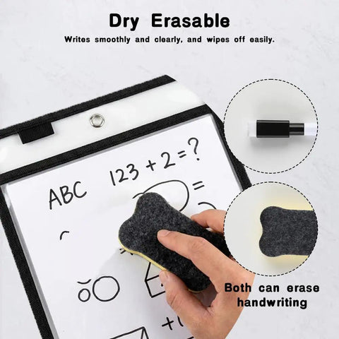 Hand using eraser on 32 Pack Reusable Dry Erase Pocket Sleeves Clear PVC Sheet Protectors For Classrooms And Offices With Tear Resistant Waterproof Edges Metal Grommets Must Have For Teachers Students And Team Workspaces.