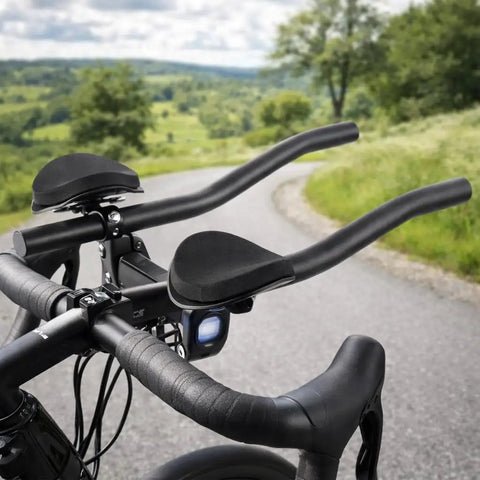 Triathlon T Handlebar Aerobars for road bikes shown on a bike with beefy aluminum alloy build rest pads and cushions.