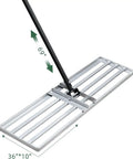 Pro Grade Lawn Leveling Rake With Stainless Steel Pole, Heavy Duty 36x10 Inch Leveller, angled view showing measurements.