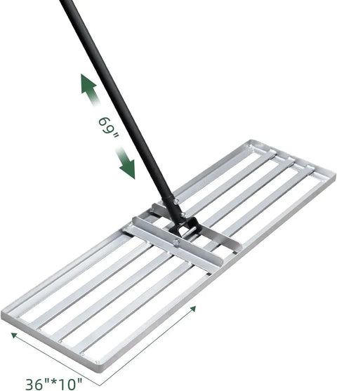 Pro Grade Lawn Leveling Rake With Stainless Steel Pole, Heavy Duty 36x10 Inch Leveller, angled view showing measurements.