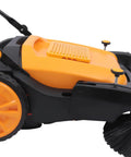 Industrial Push Broom Walker With Dual Steel Handles And Roomy Hopper Slays Leaves And Debris On Concrete Driveways While Delivering Badass Cleaning Power That Makes Tough Jobs Effortless For Homeowners, side view with yellow and black design.