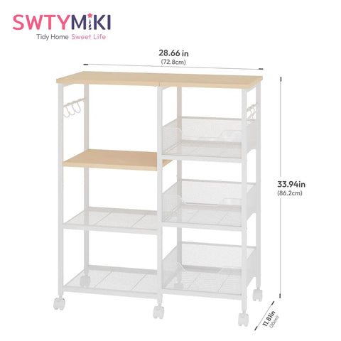 Slick 4 Tier Rolling Kitchen Island Cart With Dreamy White Wood Top And Slatted Metal Storage Shelves Hella Spacious Coffee Bar Cabinet dimensions and features.