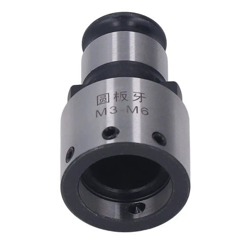 Sturdy Round Die Collet Chuck For Tapping Milling Works Securely Holds M3 M6 Dies With Hex Wrench Blackened Carbon Steel Tool showing top view.