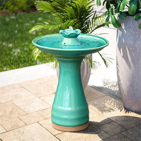 Front view of 22 Inch Ceramic Bird Bath Fountain With Lotus Design, Freestanding Outdoor Water Feature For Garden, Aqua Green.
