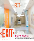 4 Pack Red LED Exit Signs With Emergency Lights And Battery Backup Dual Adjustable Head LED Lamps ABS Fire Resistant Housing UL Listed 120277V Boss Level Safety Signage For Offices Shops And Warehouses in a hallway