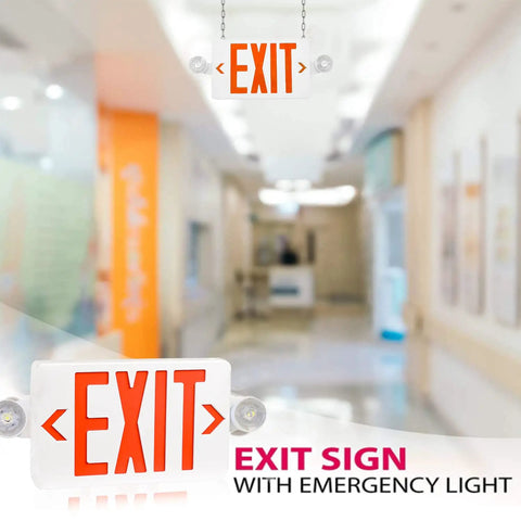 4 Pack Red LED Exit Signs With Emergency Lights And Battery Backup Dual Adjustable Head LED Lamps ABS Fire Resistant Housing UL Listed 120277V Boss Level Safety Signage For Offices Shops And Warehouses in a hallway