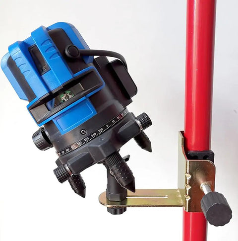 Rock Solid Laser Level Bracket For Telescoping Poles Universal Fit Rotary Line Lasers Heavy Duty Job Site Essential attached to pole.