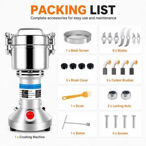 Heavy Duty Electric Grain Mill Grinder 2000W High Speed Stainless Steel Powder Machine Pulverizer with accessories for maintenance.