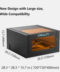 Front view of Creality Laser Engraver Enclosure 2.0, black protective cover with orange interior, 28.3x28.3x15.7 in