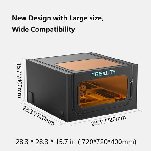 Front view of Creality Laser Engraver Enclosure 2.0, black protective cover with orange interior, 28.3x28.3x15.7 in