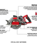 7-1/4 Inch Brushless Cordless Circular Saw Kit With Rear Handle Grip Delivers Plug-In Punch And Badass Wood Cutting Speed For Heavy Duty Framing And Clean Trim Work On Any Job Site with detailed labels highlighting features.