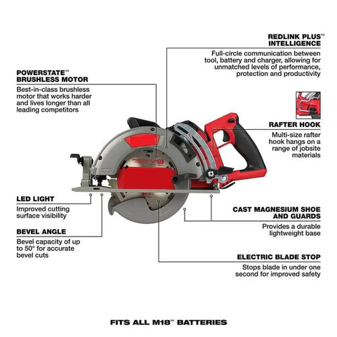 7-1/4 Inch Brushless Cordless Circular Saw Kit With Rear Handle Grip Delivers Plug-In Punch And Badass Wood Cutting Speed For Heavy Duty Framing And Clean Trim Work On Any Job Site with detailed labels highlighting features.