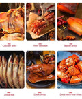 Rotary Meat Dryer And Commercial Food Dehydrator With 24 Hour Digital Timer For Sausage Bacon Chicken Jerky And Beef, assortment of dried meats.