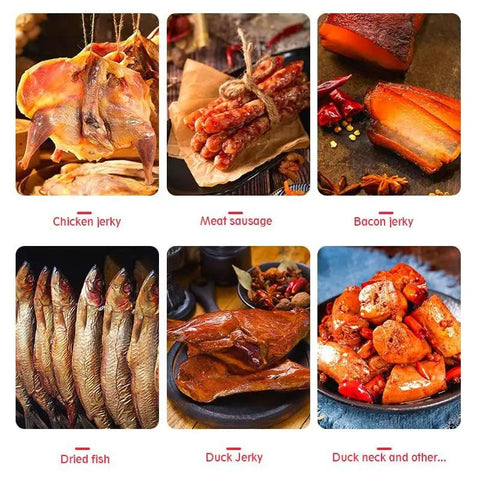 Rotary Meat Dryer And Commercial Food Dehydrator With 24 Hour Digital Timer For Sausage Bacon Chicken Jerky And Beef, assortment of dried meats.
