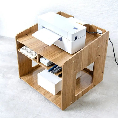 Heavy Duty Wooden Printer Stand For Desktop Slick Two Tier Workspace Organizer With Paper File Storage Eco Friendly Desk Riser top view with printer and supplies