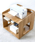 Slick Two Tier Wooden Printer Stand With Three Slide Out Paper File Drawers And Pen Tray, showcasing natural wood and printer.