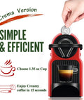 Hand using OriginalLine Compatible Reusable Stainless Steel Coffee Capsules with red machine for creamy brew.