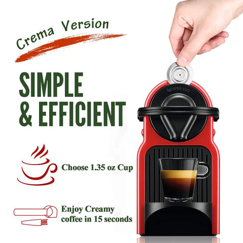 Hand using OriginalLine Compatible Reusable Stainless Steel Coffee Capsules with red machine for creamy brew.