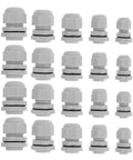 Heavy Duty Nylon Cable Gland Connectors 25 Piece Pack Hella Waterproof Adjustable Wire Strain Relief Grip Fits 3 Through 15 Mm Cable set in various sizes.