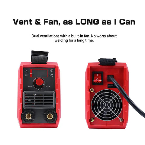 Front and back view of Portable 110V 250A Arc Stick Welder Inverter with dual ventilation fans for cooling.