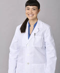 Unisex Lab Coat For Professionals White Long Sleeve Consultation Length Four Button Front Three Pockets Plus Reinforced Pen Pocket Durable