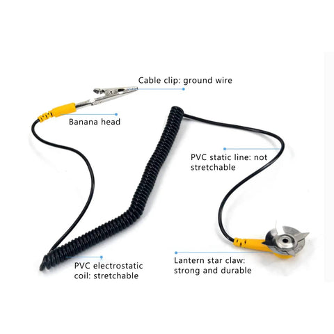 Anti Static Grounding Wire Set 5 Pack With Stainless Steel Clips 2mm Diameter showing wire, clip, and claw details.