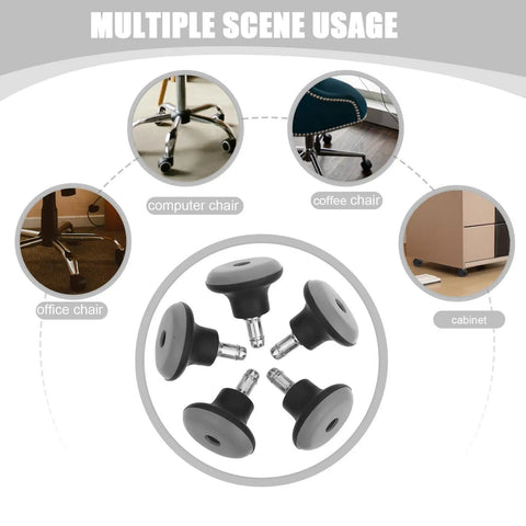 5pc Office Chair Casters for Swivel Chairs Solid PU Silent Wheels displayed in various applications, including an office chair and computer chair.