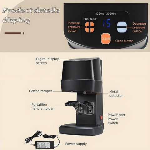 Top Shelf Electric Espresso Tamper With Adjustable Depth 58Mm Coffee Press display showing digital screen and buttons.