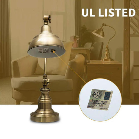 Brass Adjustable Desk Lamp With Rotary Shade Vintage Task Light Rechargeable Table Lamp in living room setting with UL listed label