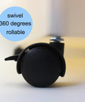 Caster wheel, front view; small black 1-inch swivel with clip-on stem for plastic drawers and carts.