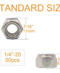 Nylon Inserted 1/4-20 Inch Nylock Nuts Stainless Steel 304 Self Locking Hardware Set 50 Pack, dimensions in mm shown.