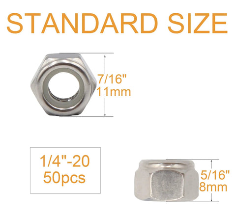 Nylon Inserted 1/4-20 Inch Nylock Nuts Stainless Steel 304 Self Locking Hardware Set 50 Pack, dimensions in mm shown.