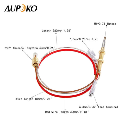 Front view of Aupoko patio heater thermocouple replacement: red insulated wire, copper sensing tube, M8/M6 threads, flat terminal.