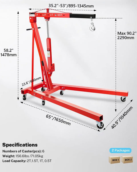 Two Ton Hydraulic Engine Hoist Shop Crane With Six Steel Casters Heavy Duty Portable Lift For Car Transmissions Boat Motors And Farm Equipment No Sweat One Person Setup