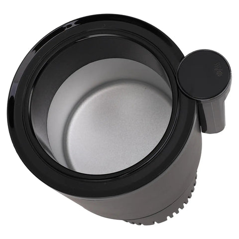Top view of Premium Portable Travel Kettle With Car Power Cord And Bright Digital Display, sleek black design, large capacity.
