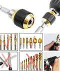 Self Locking Drill Bit Holder Set 50mm Length With One Quarter Inch Hex Shank Quick Release Extension shown with examples