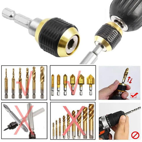 Self Locking Drill Bit Holder Set 50mm Length With One Quarter Inch Hex Shank Quick Release Extension shown with examples