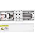 Beefy CNC Linear Motion Rail Guide Electric Linear Stage Actuator With 100mm Stroke Dust Cover For NEMA23 Motor showing internal components and precision screws.