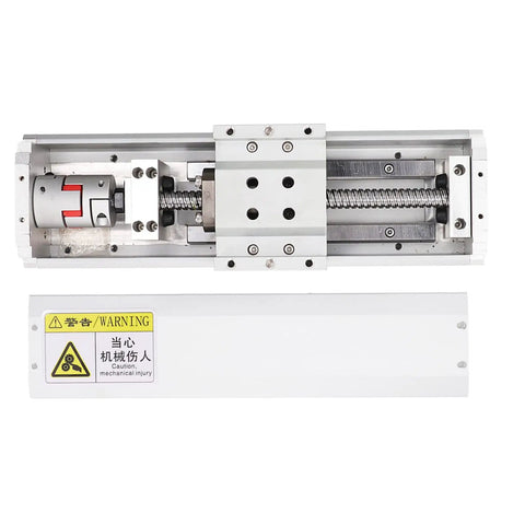 Beefy CNC Linear Motion Rail Guide Electric Linear Stage Actuator With 100mm Stroke Dust Cover For NEMA23 Motor showing internal components and precision screws.
