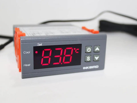 Dual Stage 12V Digital Temperature Controller Thermostat with display showing temperature, auto switch heating cooling, 2 relay outputs