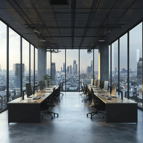 Modern office interior with desks and chairs overlooking a city skyline through large windows.