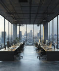 Modern office workspace with large windows, computers on desks, and cityscape view.