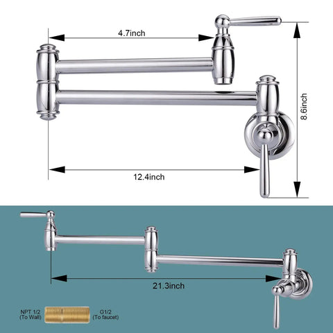 Chrome Pot Filler Faucet Wall Mount With Dual Handles And Double Joint Swing Arms, Eco Friendly Solid Brass Kitchen Stove Faucet