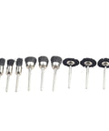 9 Piece Nylon Cup Wheel Set With 3mm Shanks for tight corners and jewelry polishing, showing bowl, straight, and T brushes