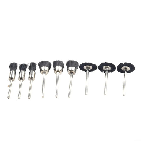 9 Piece Nylon Cup Wheel Set With 3mm Shanks for tight corners and jewelry polishing, showing bowl, straight, and T brushes