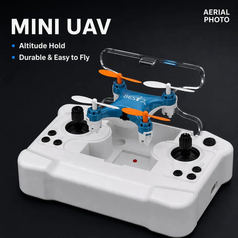 Beginner Friendly Mini Drone for Easy Carry and Stable Hover With Altitude Hold placed on controller, compact design