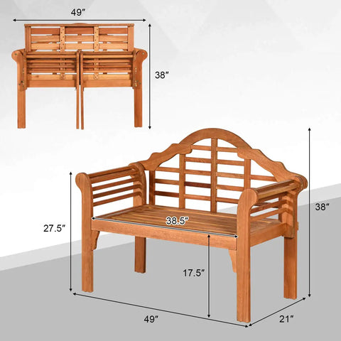 Foldable Outdoor Eucalyptus Wood Bench For Two 49 Inch Wide Two Person Loveseat Heavy Duty Solid Wood Frame With 800 Lb Capacity