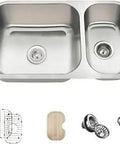 Undermount Stainless Steel Dual Bowl Kitchen Sink 32 And A Quarter Inch 16 Gauge 304 Grade Quiet Noise Reduction Durable Built To Last Wide Curved Corners Full Size Prep Basin Includes Accessories showing twin bowls, strainers, and grid.