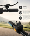 Close-up of Foldable Electric Golf Push Cart With Cushioned Seat And Sturdy Umbrella Pole control panel and brakes.