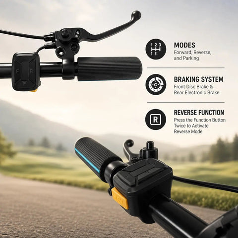 Close-up of Foldable Electric Golf Push Cart With Cushioned Seat And Sturdy Umbrella Pole control panel and brakes.